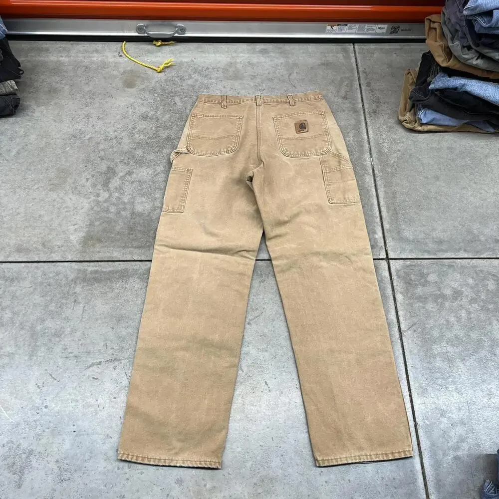 vintage carhartt sun faded tan relaxed baggy flannel lined dungaree cargo pants - Picture 4 of 4